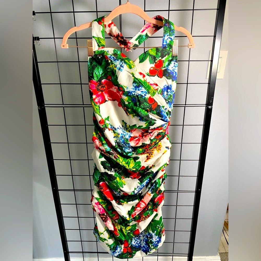 Widelia Retro Floral Sweetheart Halter Neck Midi Dress EUC